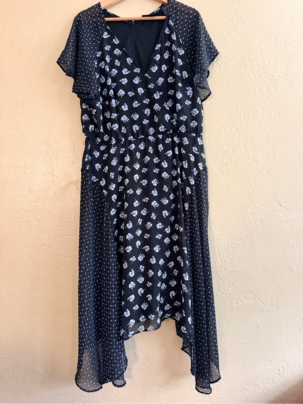 Lane Bryant Black Dress with Light Blue Floral & Dot Asymmetrical Hem